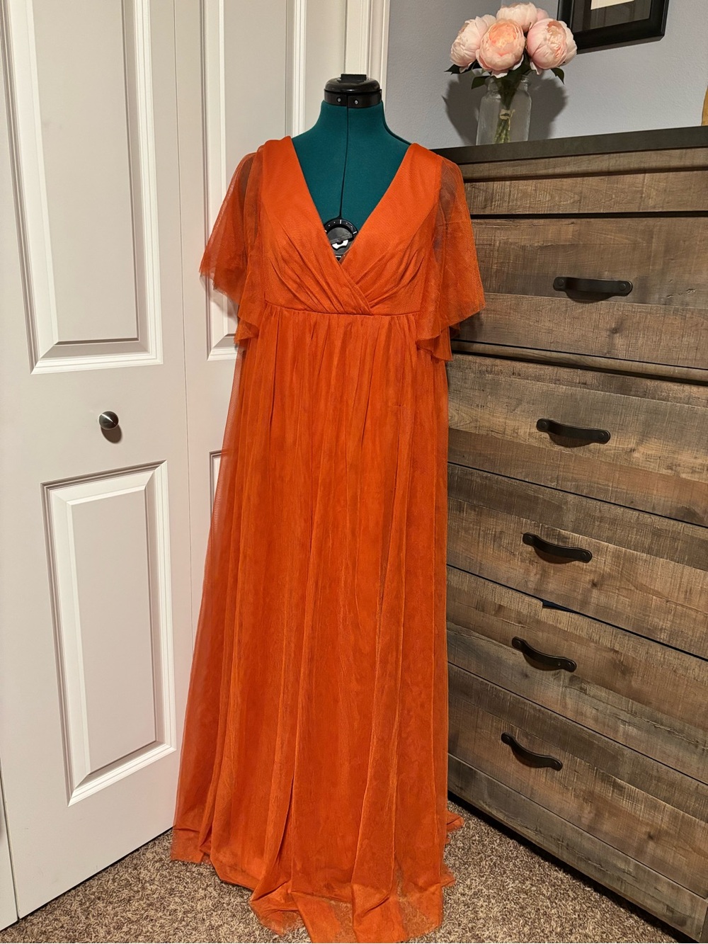Ever Pretty Orange V-Neck Tulle Maxi Dress